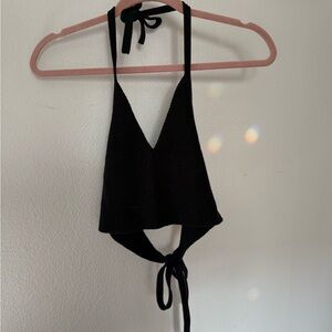 Blue Asphalt Black Crop Tie Front Tank Top